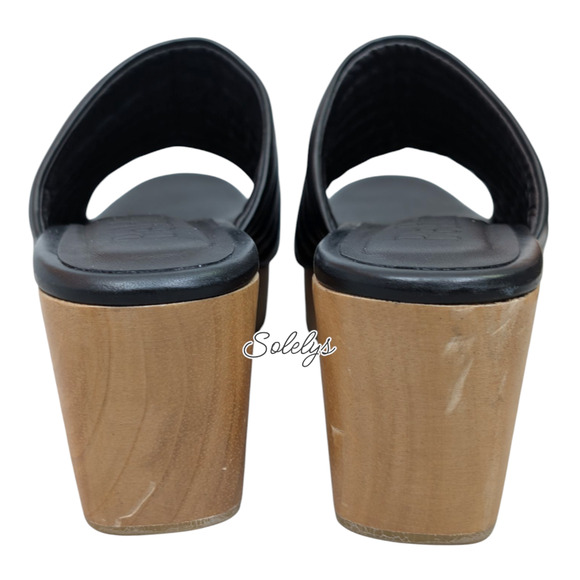 Beklina Ribbed Black Leather Open Toe Wooden Platform Clogs Mules Womens 10 - Picture 8 of 10